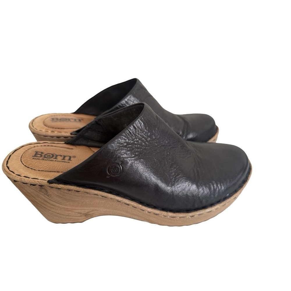 Born Khell Clogs black‎ Leather Wedge Slip On Mules Womens 9.5
